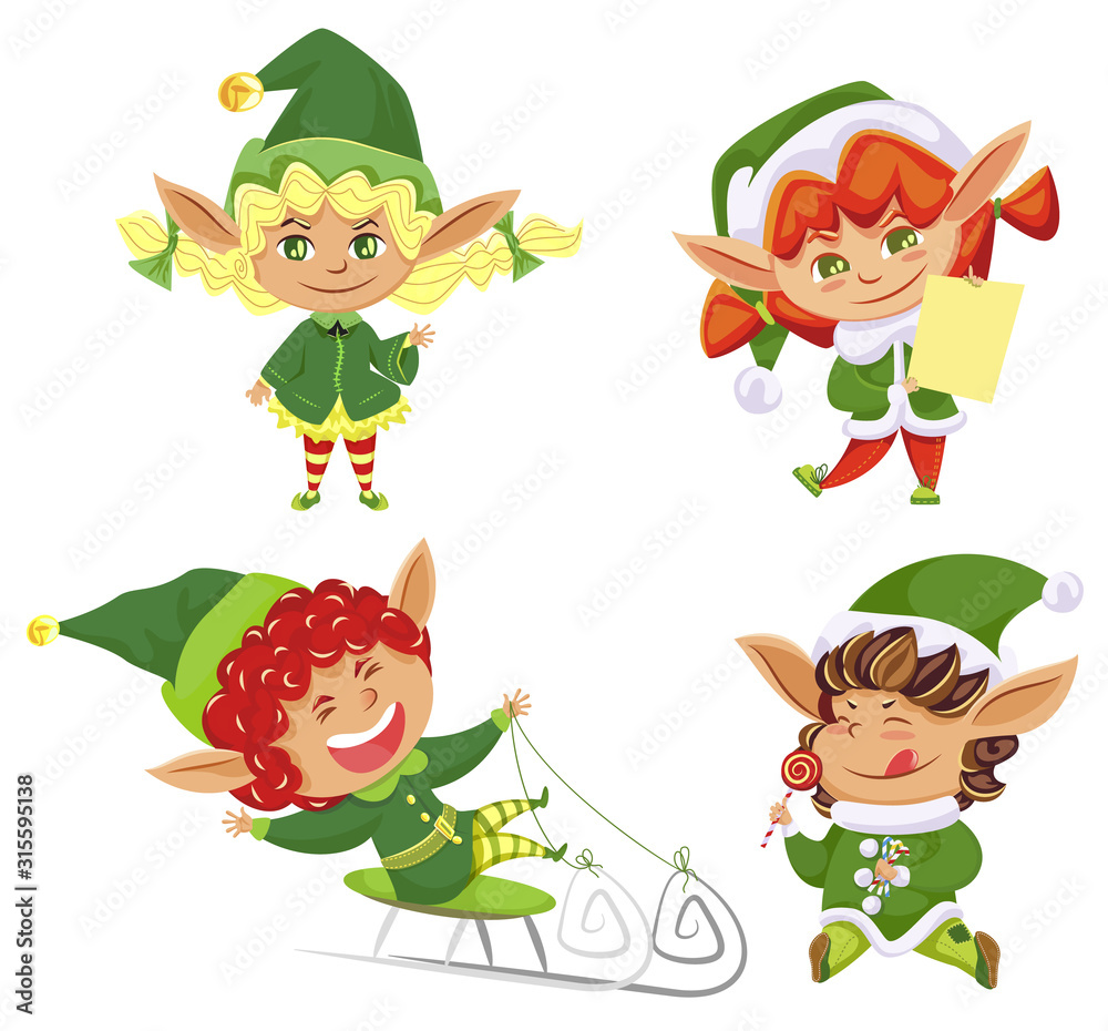 Christmas holiday, elves in hats, boys and girls, Santa helpers, isolated icons vector illustration. Dwarf sledging and licking lollipop or with gifts list. Imaginary creature, fairy tale characters