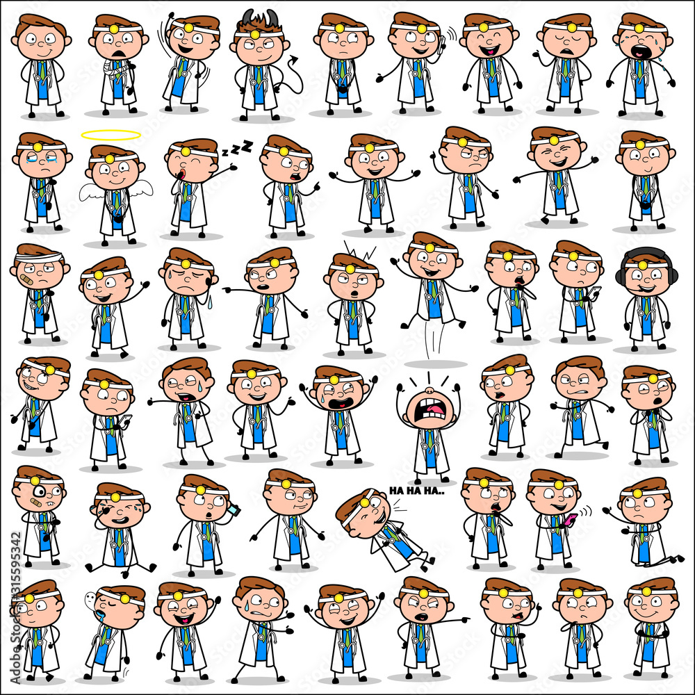 Naklejka premium Cartoon Male Doctor Poses - Set of Concepts Vector illustrations