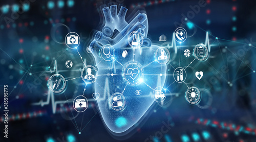Fototapeta kuchenna Digital x-ray of human heart holographic scan projection 3D rendering