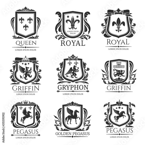 Heraldic shields, heraldry Medieval animals and royal floral emblems. Vector Pegasus horse, Griffin lion with eagle wings, imperial crown, floral wreath and fleur de lys coat of arms shield