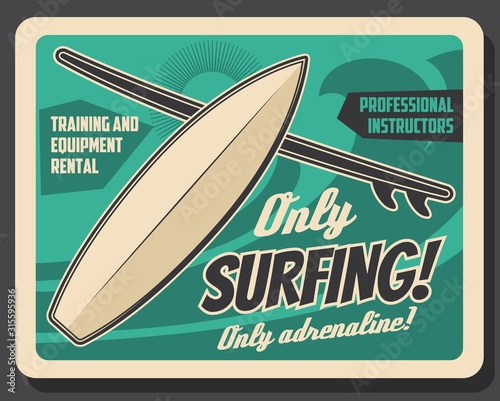 Canvas Print Surfing school, professional training instructors and surfboard rental vintage retro poster