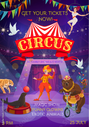 Circus entertainment show. Animals, clowns, equilibrists and magic show performance. Vector big top circus carnival tent, bear on bicycle, seal balancing balloon and monkey juggling pins