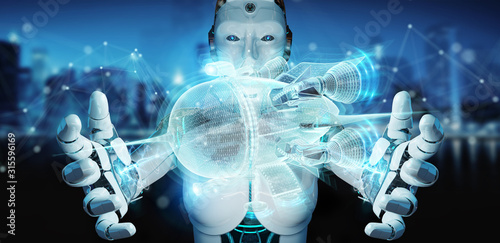 Robot holding holographic spaceship projection in his hands 3D rendering