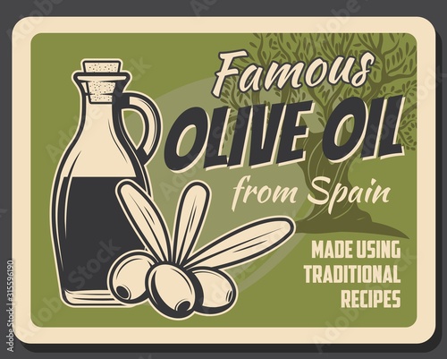 Extra virgin spanish olive oil bottle, tree and glass jar vector retro poster. Spain organic food products and quality traditional cooking recipe, green olives natural food