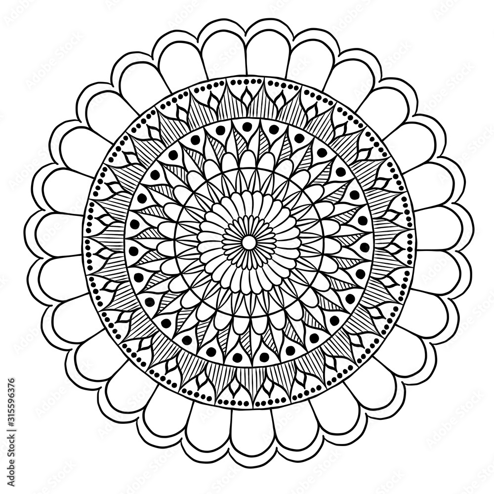 abstract with floral round lace mandala, decorative element in ethnic tribal style, black line art on a white background abstract with floral round lace mandala, decorative element in ethnic tribal style, black line art on a white background