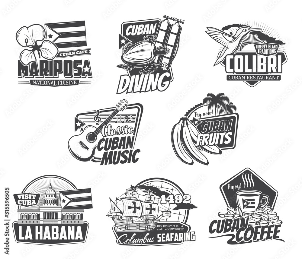 Cuba Havana travel, Caribbean cuisine food cafe and Cuban coffee sign. Vector sea diving sport club, ocean journey trips, welcome to Havana, banana package label and restaurant icon