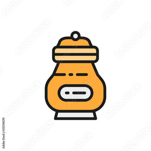 Cremation vessel with people ashes, funeral urn flat color line icon.