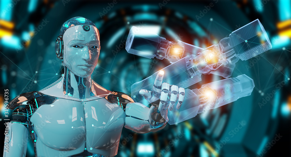 Robot holding and touching green renewable energy battery 3D rendering