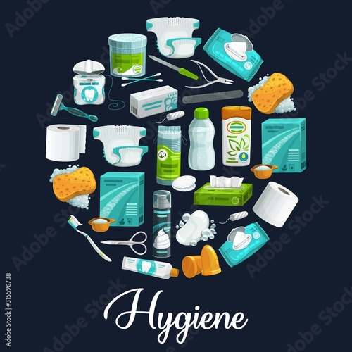 Circle of hygiene products. Vector icons of soap, shampoo, toothbrush and toothpaste, sponge, washing powder and toilet paper, shaving foam, shaver and napkin, wet wipe, cotton swab and manicure tool photo