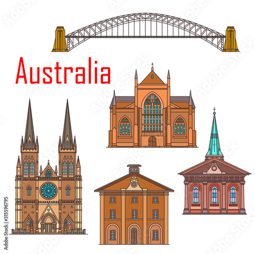 Australia architecture landmarks, Sydney famous historic buildings. Vector St Mary and James church, Saint Andrews cathedral, Australian Harbour bridge and Hyde park barracks photo