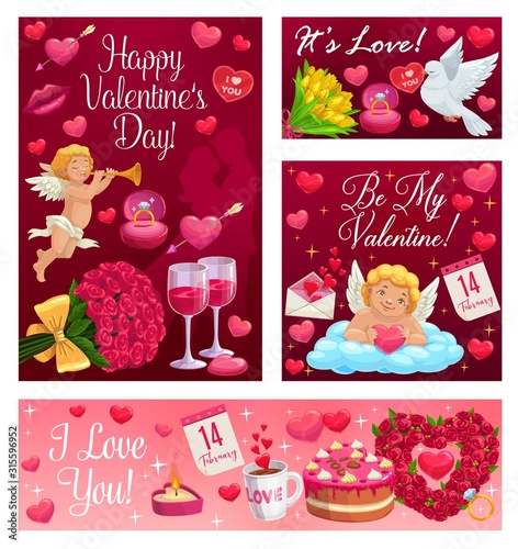 Happy Valentines day calligraphy wishes, I love you and Be my Valentine. Vector cupid angel in cloud with heart and arrow, 14 February pink roses, lip kiss and wine, wedding cake and ring