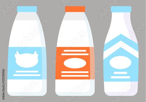 Dairy products in supermarket. Grocery store with white liquids in plastic or glass bottles. Organic, natural food like farm milk, yogurt or kefir. Vector illustration of milk containers in flat style