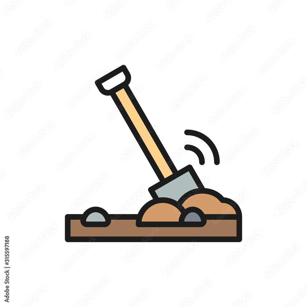 Shovel in the ground, soil flat color line icon. Shovel in the ground, soil flat color line icon.