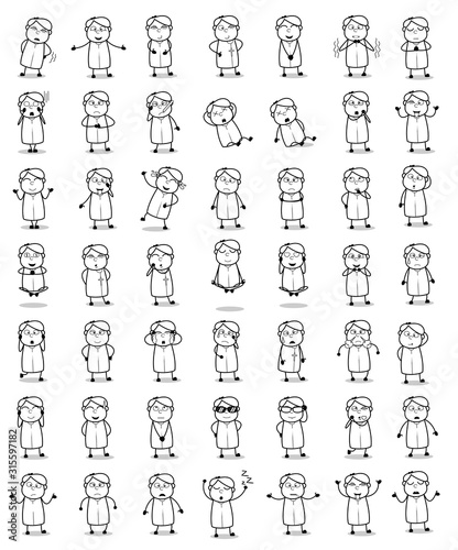 Various Cartoon Priest Monk Poses - Set of Different Vector illustrations