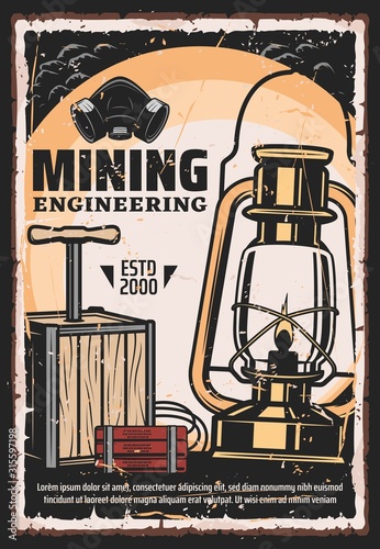 Mining, coal extraction and mine excavation engineering vintage retro poster. Vector mining industry professional equipment tools, cave dynamite, miner lantern gas lamp and respirator mask