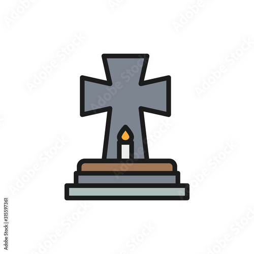 Tombstone with candle, grave, gravestones flat color line icon.