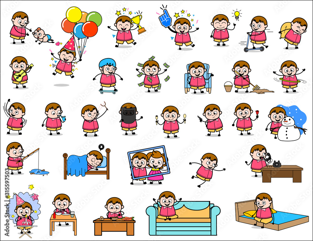 Naklejka premium Cartoon Fat Boy - Set of Concepts Vector illustrations