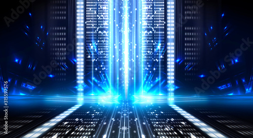 Dark background with lines and spotlights, neon light, night view. Abstract blue background.