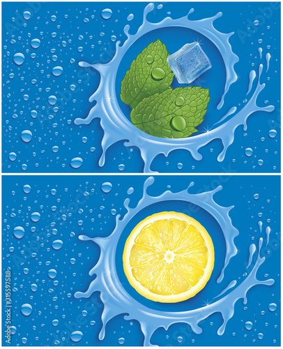 blue water splash with many drops , with lemon slice and ice cube, mint leavesue drops banner bubble text