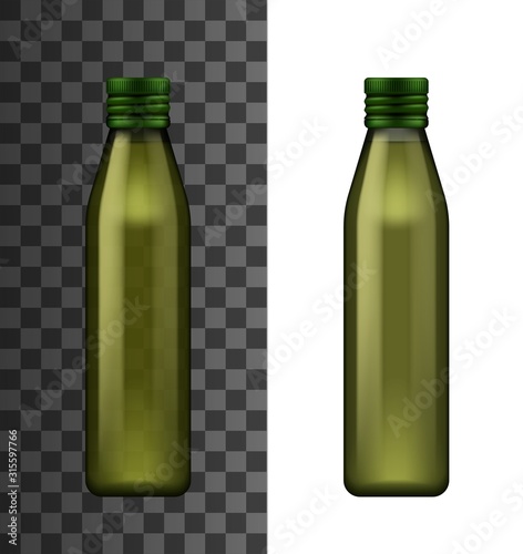 Olive oil glass bottle realistic 3d template mockup. Vector extra virgin avocado, pomace or olive oil bottle package with metal green lid, Italian, Spanish and Green organic cooking product packaging