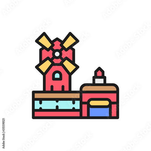 Obraz na płótnie Moulin Rouge cabaret, landmark of Paris, France flat color line icon