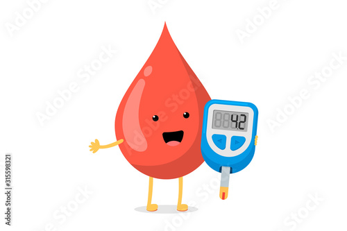 Cute cartoon smiling blood drop character with glucometer. Diabe