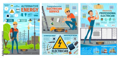 Electrician, electric worker service on power station and house electricity repair. Vector electrician engineer man and work tools, light bulb lamp, city cables and solar battery installation,