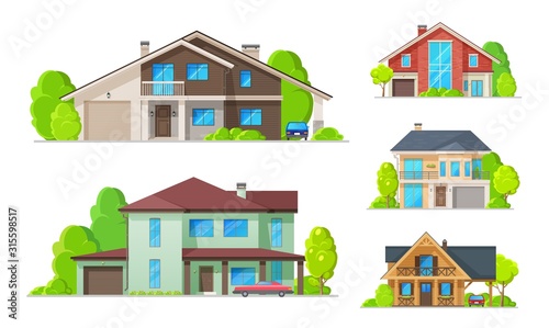 Private real estate buildings and residential houses, modern family homes. Vector cottage houses or villa apartments, urban property, with terrace, garden yard and carport garages architecture