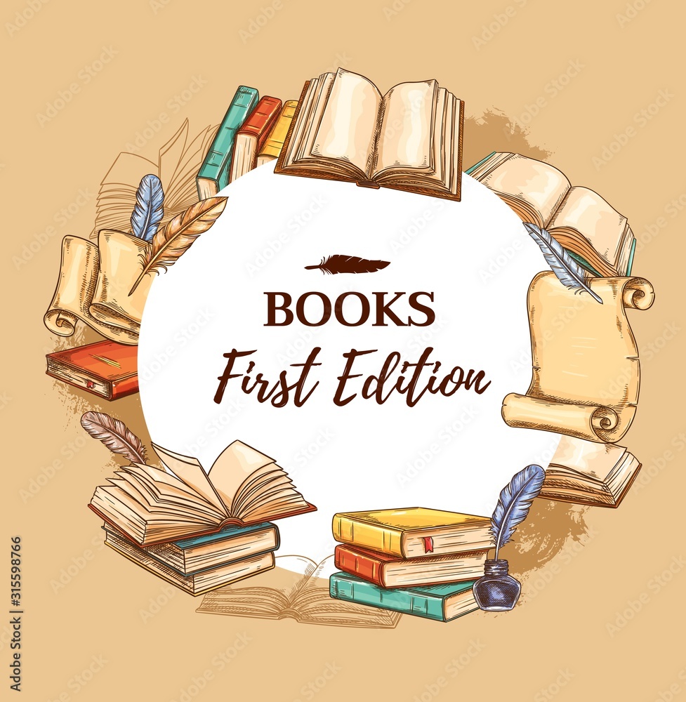 Bookstore sketch poster, vintage books fair and literature festival. Vector book store edition