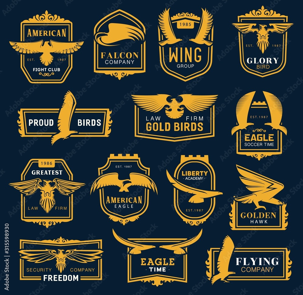 Naklejka Heraldic golden eagle and hawk icons, business corporate identity signs. Vector hawk and eagle head and wings heraldry, aviation academy, fight club and soccer league, law and security brand symbol