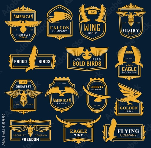 Heraldic golden eagle and hawk icons, business corporate identity signs. Vector hawk and eagle head and wings heraldry, aviation academy, fight club and soccer league, law and security brand symbol