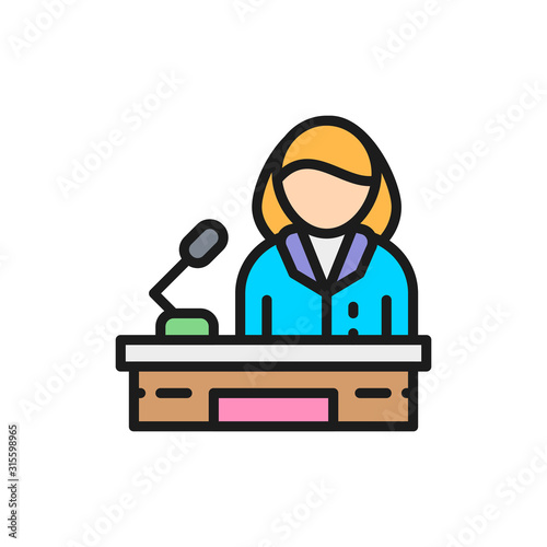 Orator, woman behind the podium, female politician flat color line icon.