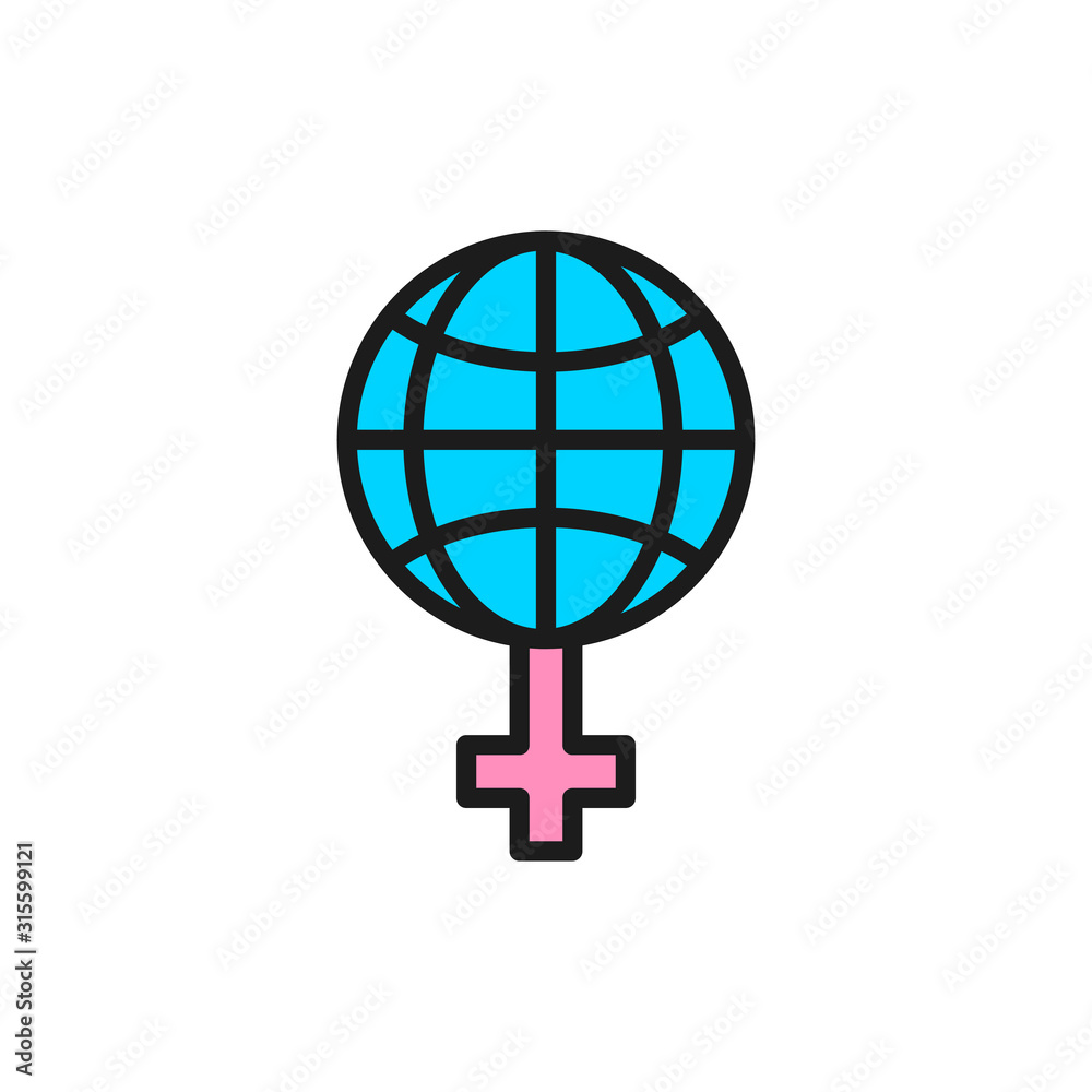 Feminism in the world, globe with female sign flat color line icon. Feminism in the world, globe with female sign flat color line icon.