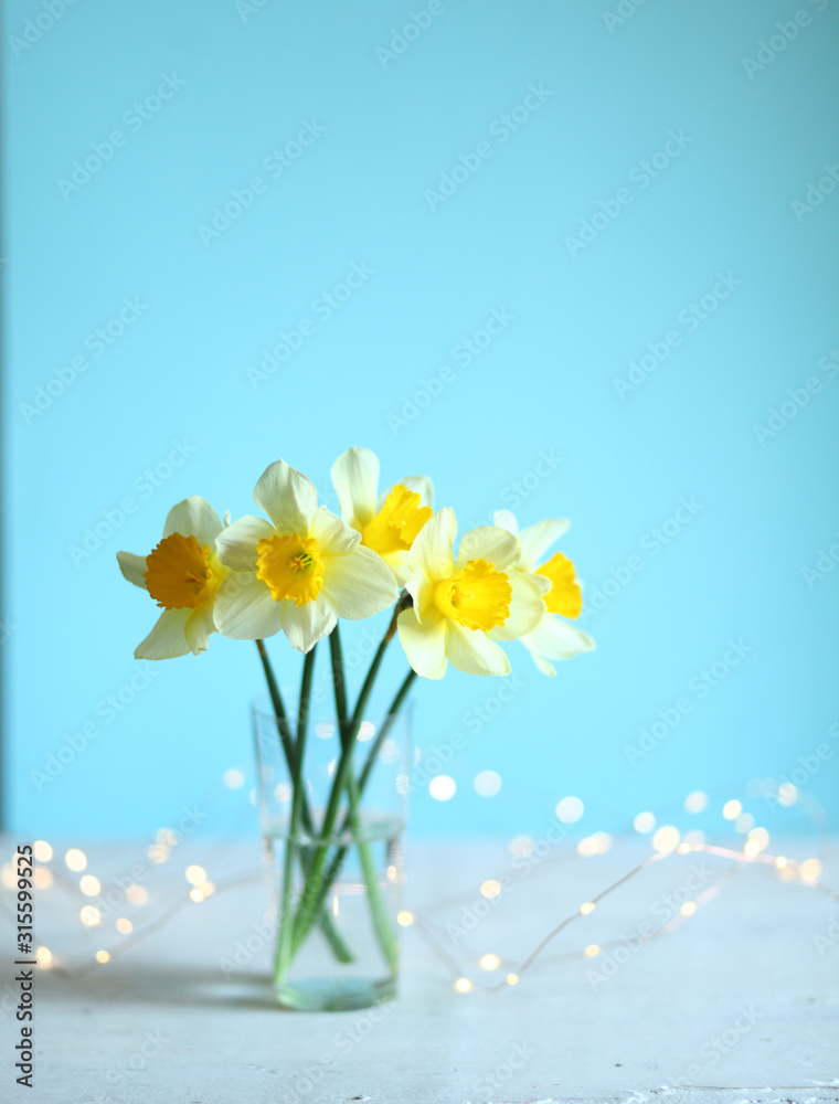 Easter  background with daffodils and eggs,nest,bunny