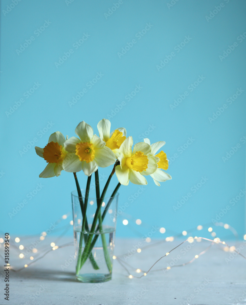 Easter  background with daffodils and eggs,nest,bunny