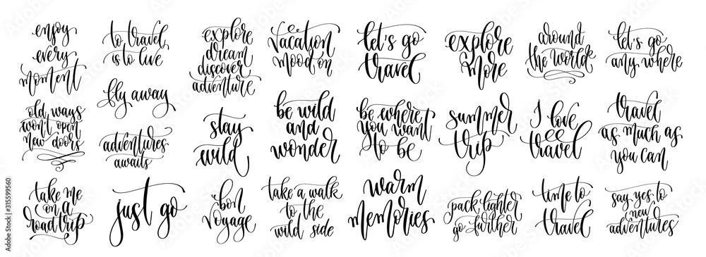 Plakat set of 25 travel positive quotes, motivation and inspiration discover adventure hand lettering text