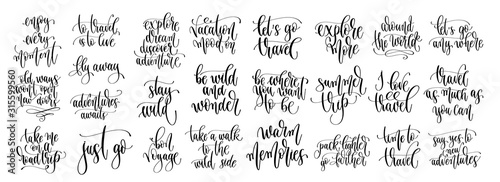 set of 25 travel positive quotes, motivation and inspiration discover adventure hand lettering text