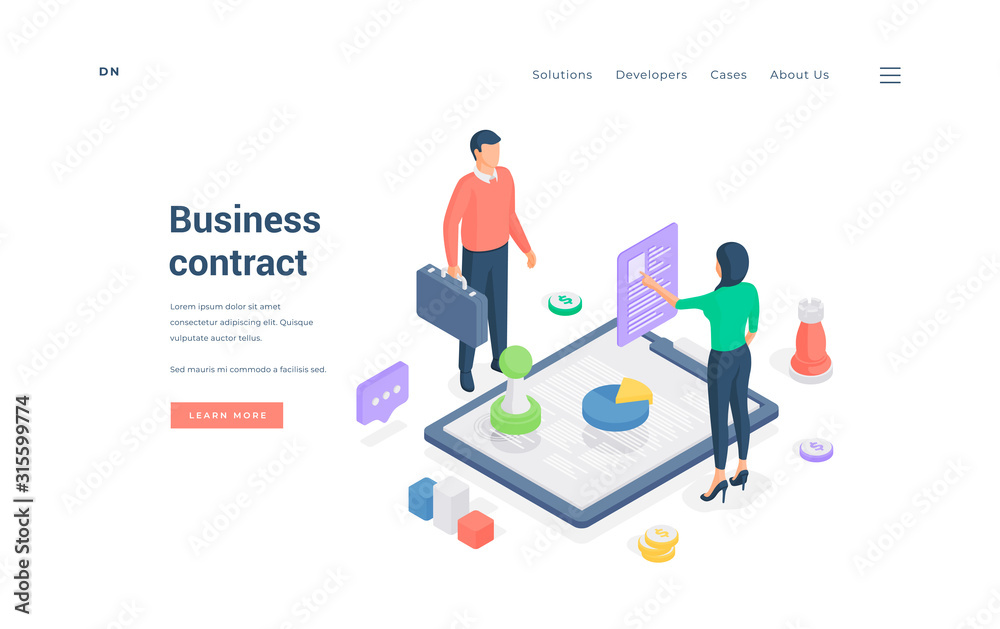 Business people developing contract together isometric vector illustration