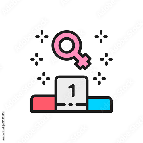 Championship for women, feminism, female win flat color line icon.