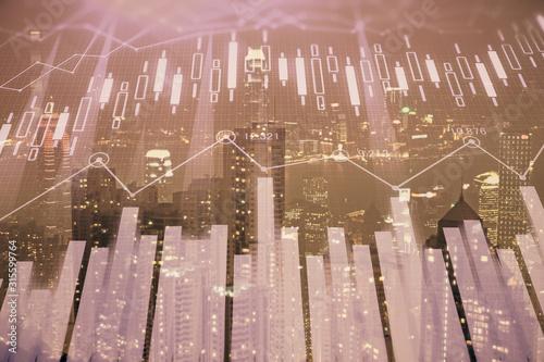 Double exposure of forex chart drawings over cityscape background. Concept of success.