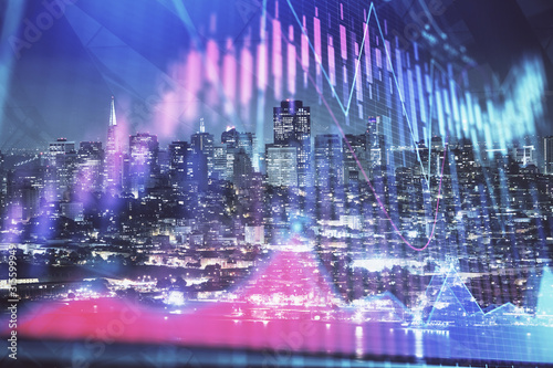 Financial graph on night city scape with tall buildings background double exposure. Analysis concept.