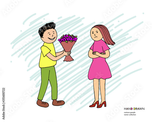 Young offended girl refuses from flowers from her boyfriend after quarrel, conflict, argument. Boy giving flowers to a girl. Cartoon hand drawn relationship sketch