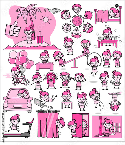 Various Comic Vintage Teen Girl Characters - Set of Concepts Vector illustrations