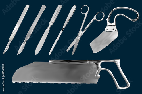 Set of surgical cutting tools. Reusable scalpel, scalpel with removable blade, Liston amputation knife , metacarpal saw, straight scissors, saw sheet Satterlee, Bergman saw for plaster bandage.