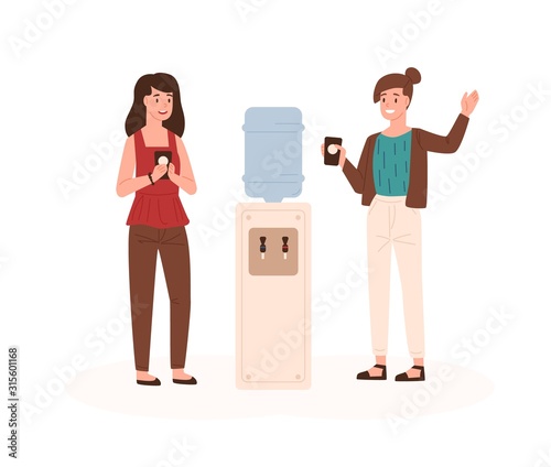 Two female colleagues having friendly conversation standing near water cooler vector flat illustration. Smiling cartoon office workers drinking from dispenser and chatting. Coffee break at workspace.