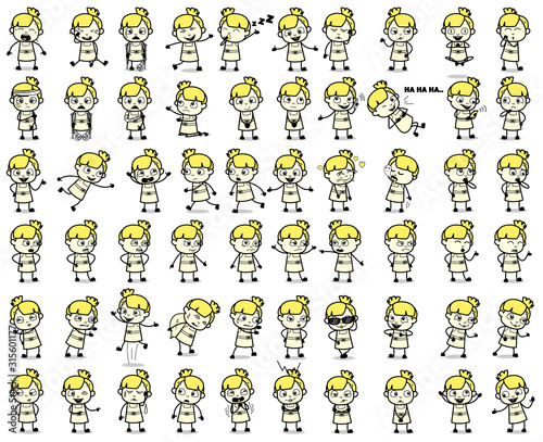 Various Vintage Teen Girl Poses - Set of Concepts Vector illustrations