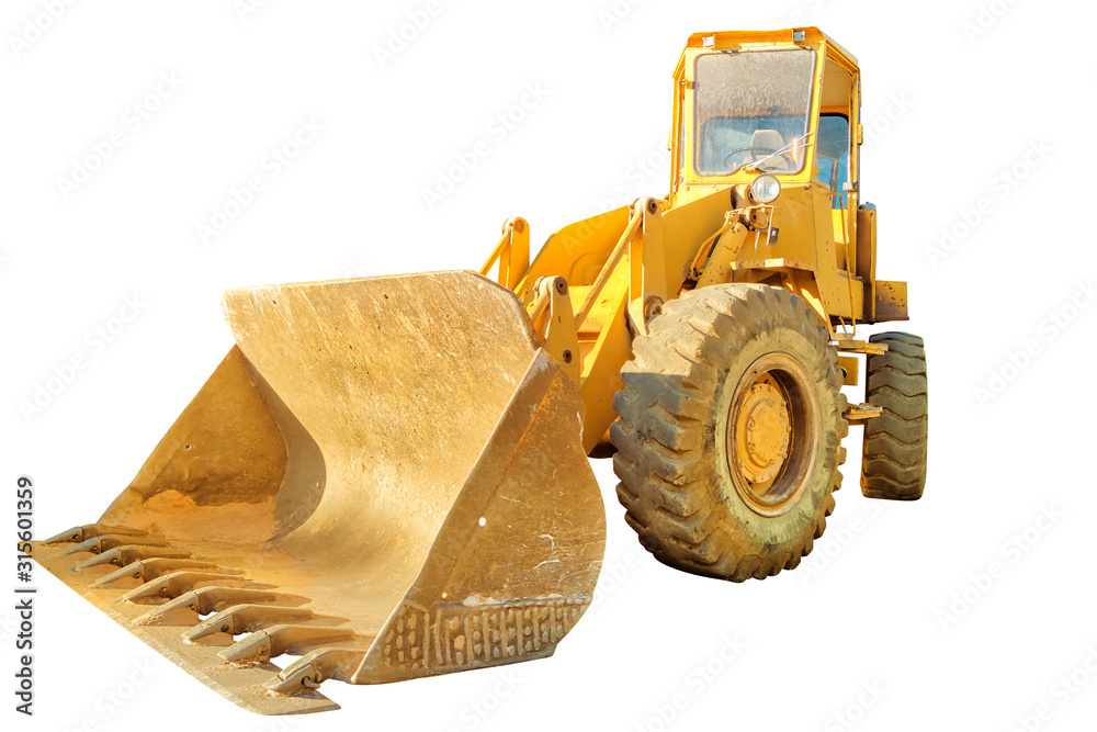 Fototapeta premium Side view of yellow excavator for building work in construction site. Work in progress, industrial machine. Isolated on white background and copy space.