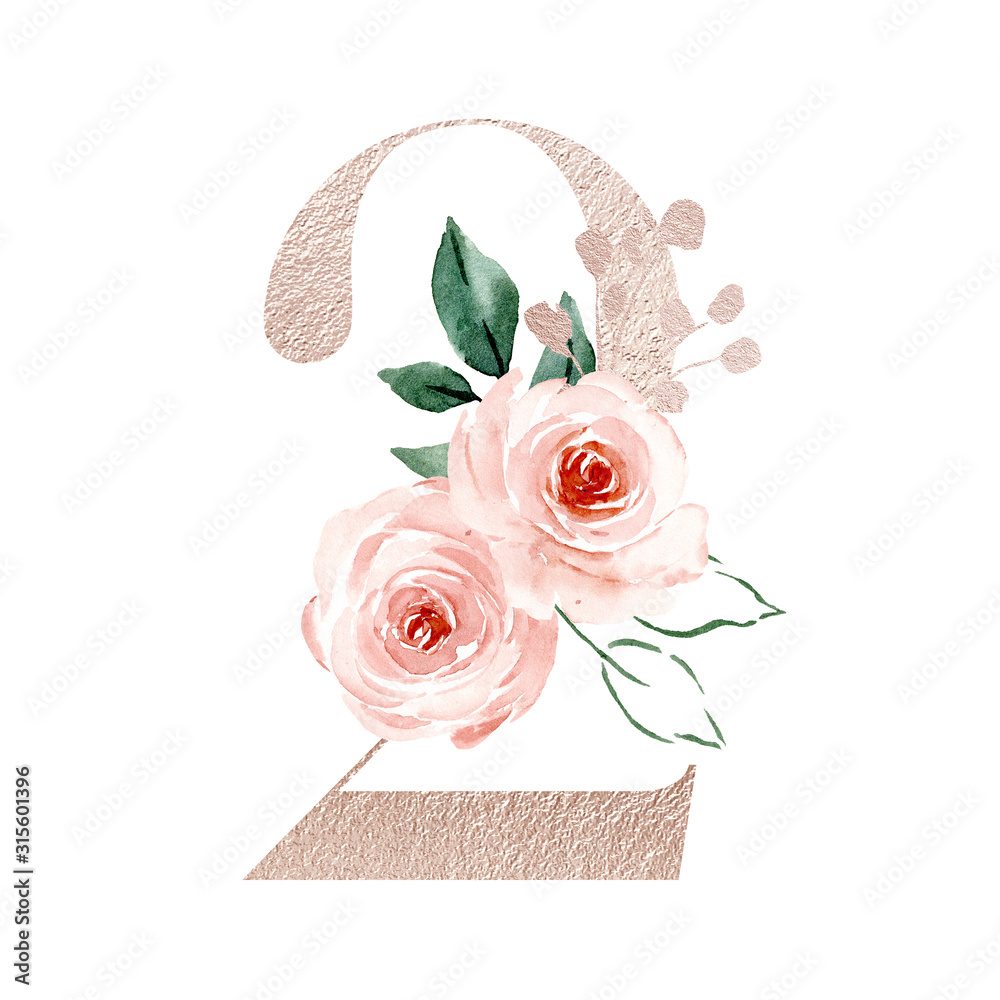 Gold number 2 with watercolor pink flowers roses and leaf. Perfectly for wedding, birthday invitations, greeting card, logo and other floral design. Hand painting. Isolated on white background. 
