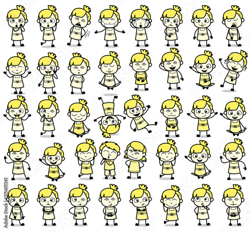 Poses of Retro Comic Teen Girl - Set of Concepts Vector illustrations