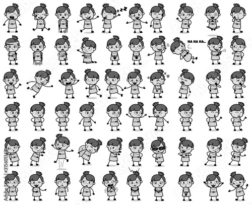 Retro Grey Comic Teen Girl Poses - Set of Concepts Vector illustrations